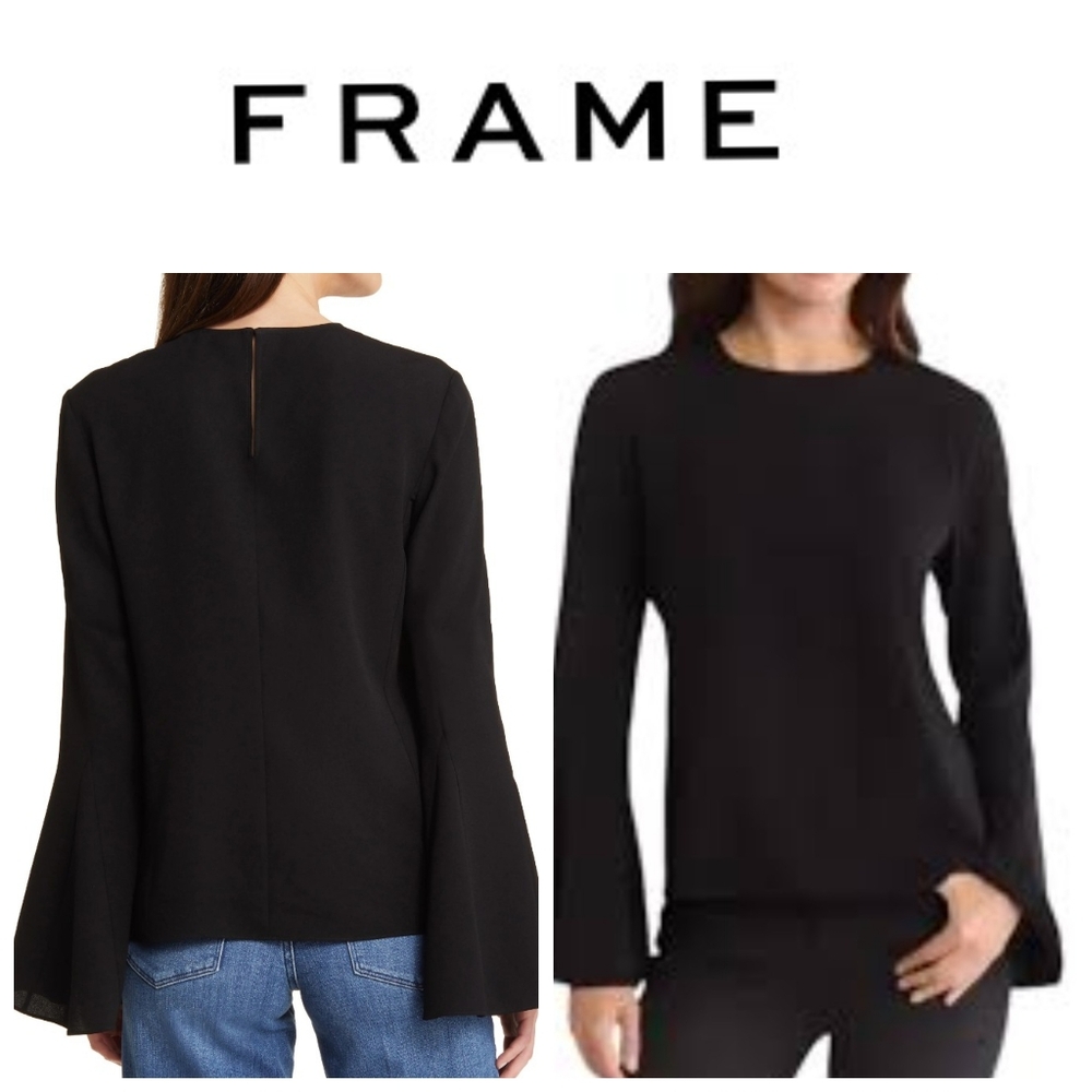 FRAME Flared Sleeve Crepe Blouse in Black